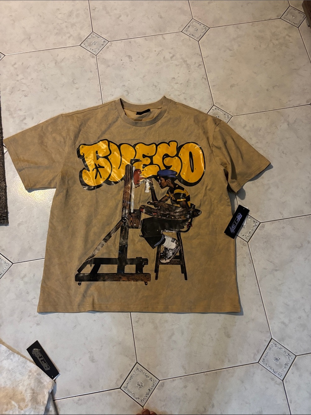 Fuego Crewneck T-Shirt in Tan with Yellow Print